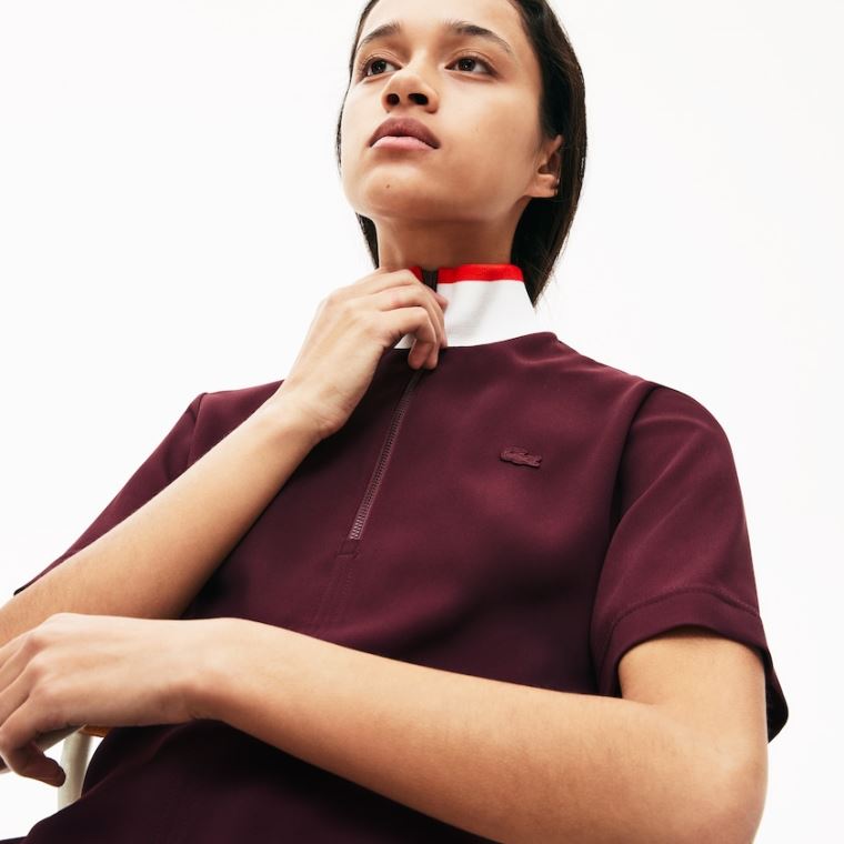 Lacoste Flared Zip-Up Polo Ruha Sötétpiros Fehér Piros | LOrWum5r