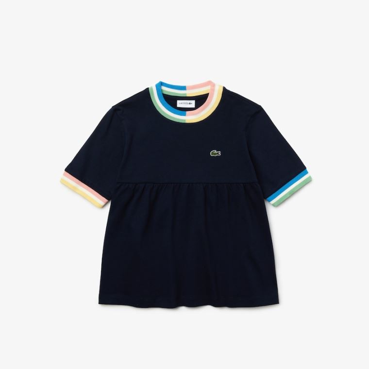 Lacoste Flounced Pamut T-shirt Sötétkék Kék Fehér | XOKVhN9T