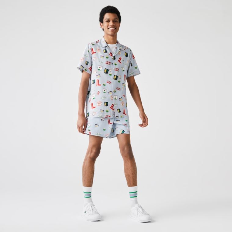 Lacoste Hawaiian Print Pamut Shirt Kék Fehér | 4rIXsqDA