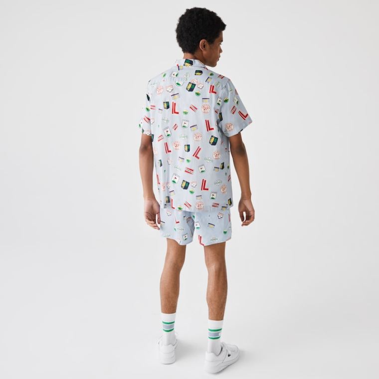 Lacoste Hawaiian Print Pamut Shirt Kék Fehér | 4rIXsqDA