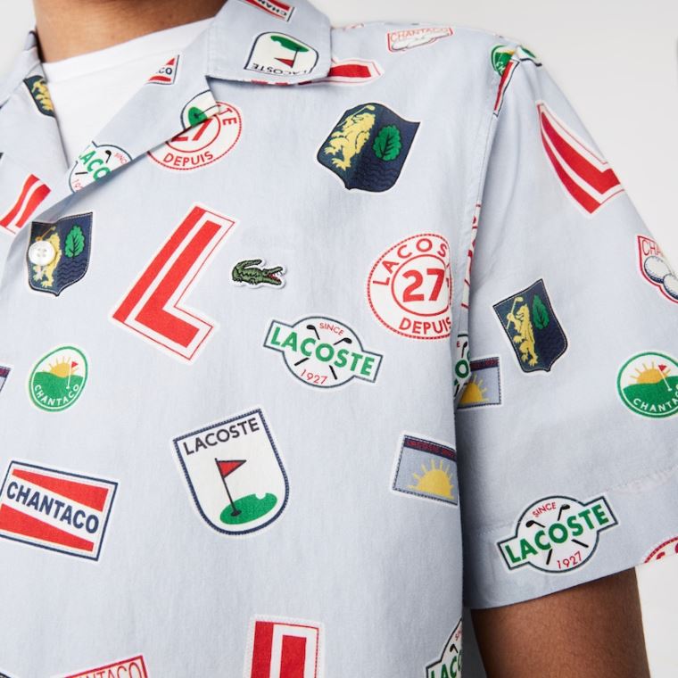 Lacoste Hawaiian Print Pamut Shirt Kék Fehér | 4rIXsqDA