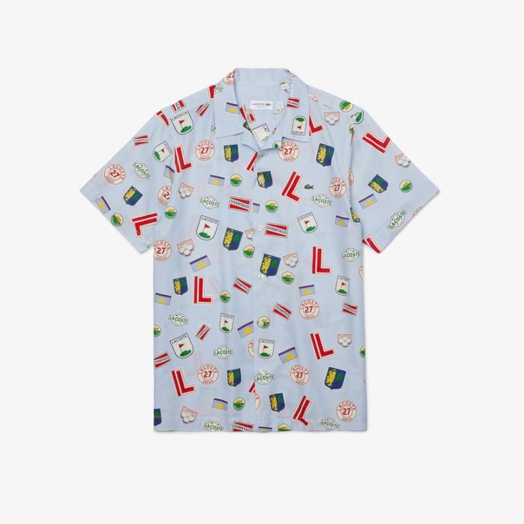 Lacoste Hawaiian Print Pamut Shirt Kék Fehér | 4rIXsqDA