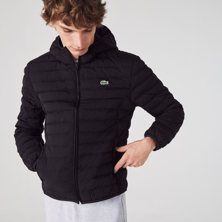 Lacoste Könnyű Foldable Csuklyás Vizi-Resistant Puffer Coat Fekete | z3XmqYQp