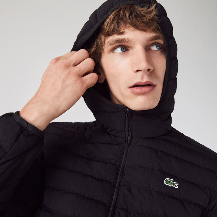 Lacoste Könnyű Foldable Csuklyás Vizi-Resistant Puffer Coat Fekete | z3XmqYQp