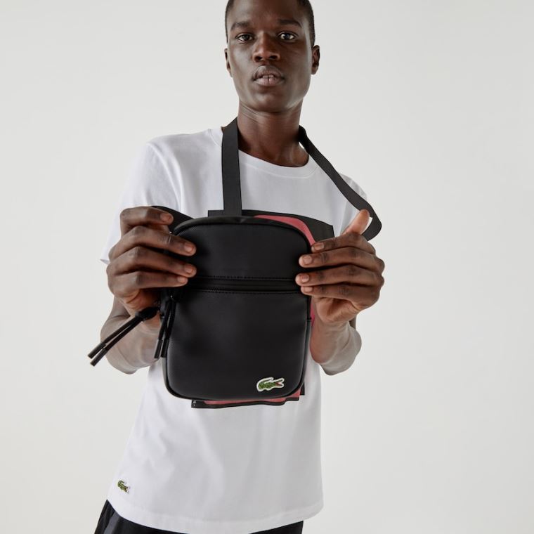 Lacoste LCST Coated Vászon Small Lapos Crossbody Bag Fekete | uzOQcaoB