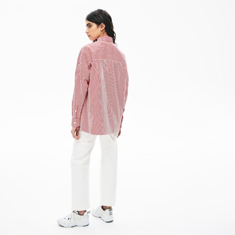 Lacoste LIVE Boxy-Fit Striped Pamut Shirt Fehér Piros | hb3X6Lsd