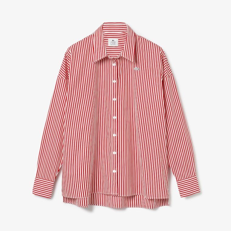 Lacoste LIVE Boxy-Fit Striped Pamut Shirt Fehér Piros | hb3X6Lsd