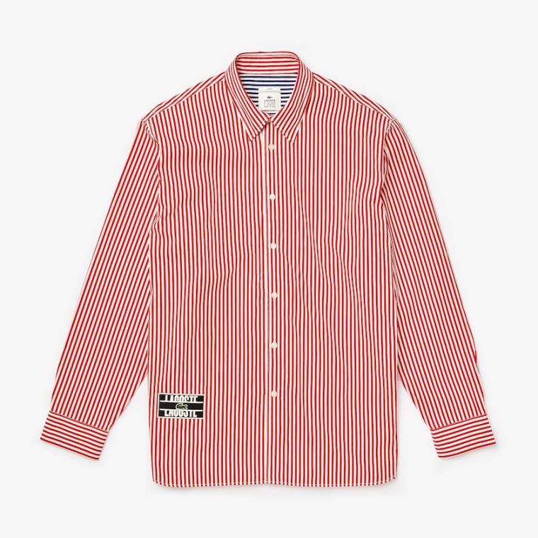 Lacoste LIVE Boxy-Fit Striped Pamut Shirt Fehér Piros | lK8121jq