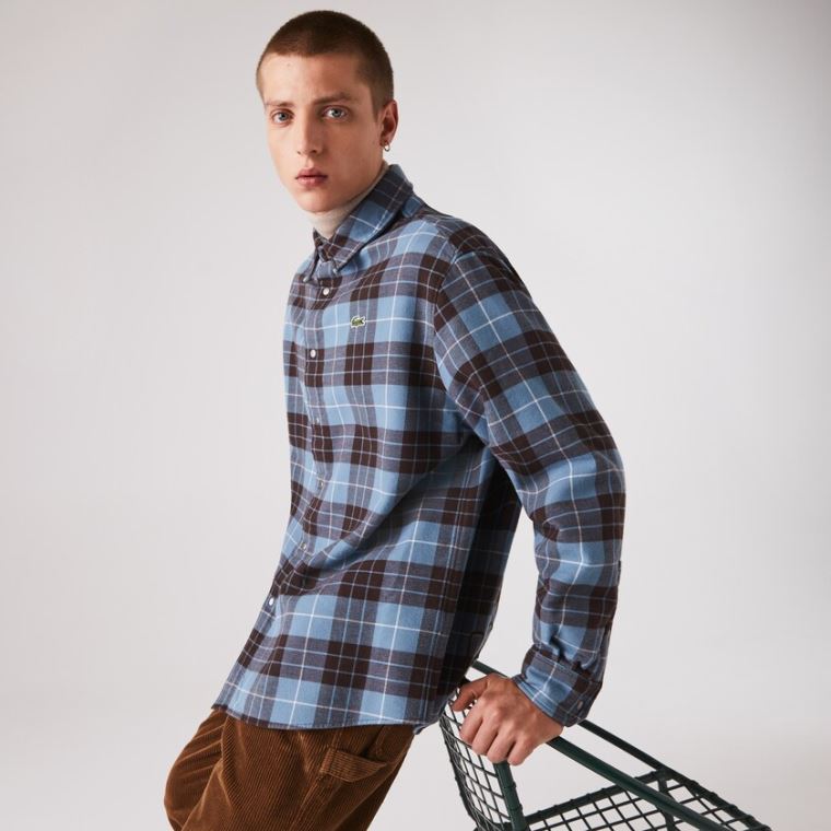 Lacoste LIVE Checked Flannel Bélelt Oversized Shirt Kék Barna | okb4gTX7