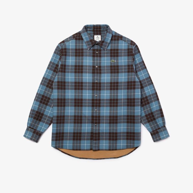 Lacoste LIVE Checked Flannel Bélelt Oversized Shirt Kék Barna | okb4gTX7