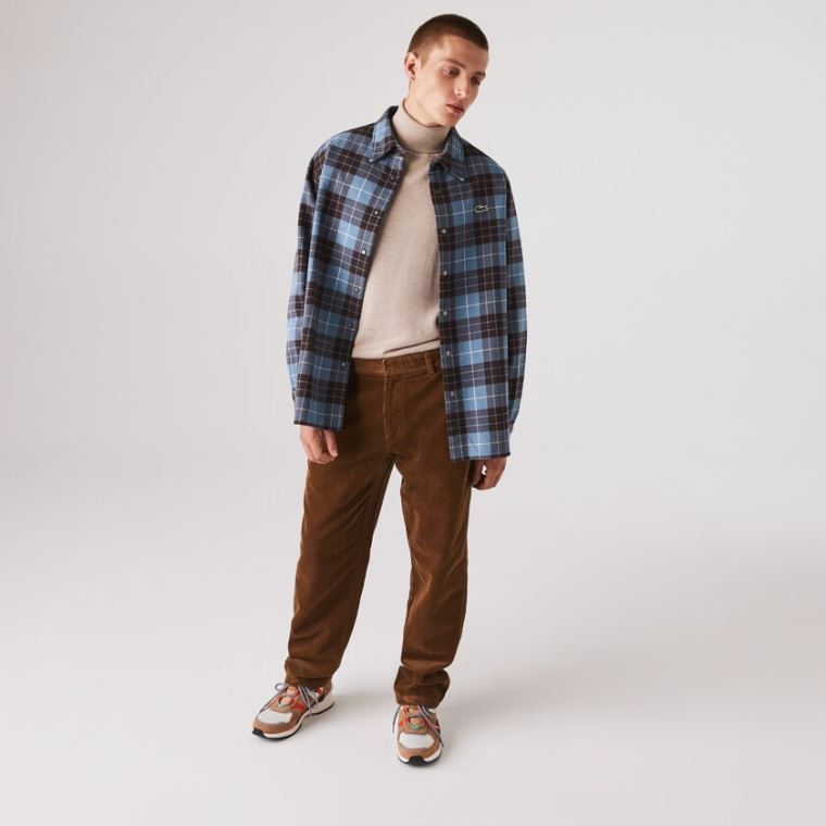 Lacoste LIVE Checked Flannel Bélelt Oversized Shirt Kék Barna | okb4gTX7