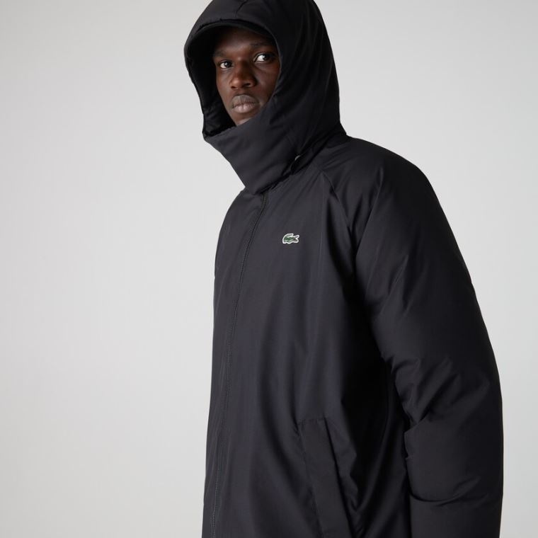 Lacoste LIVE Csuklyás Vizi-Repellent Oversized Coat Fekete | xuaSfHgj