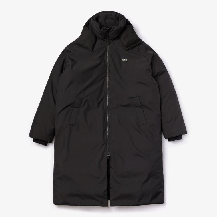 Lacoste LIVE Csuklyás Vizi-Repellent Oversized Coat Fekete | xuaSfHgj