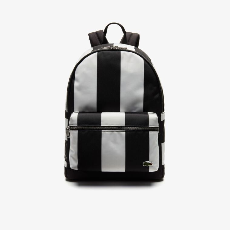 Lacoste LIVE Detachable Pouch Striped Backpack Fekete Fehér | Z4y6cQ2j