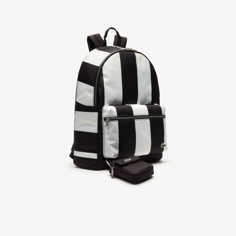 Lacoste LIVE Detachable Pouch Striped Backpack Fekete Fehér | Z4y6cQ2j