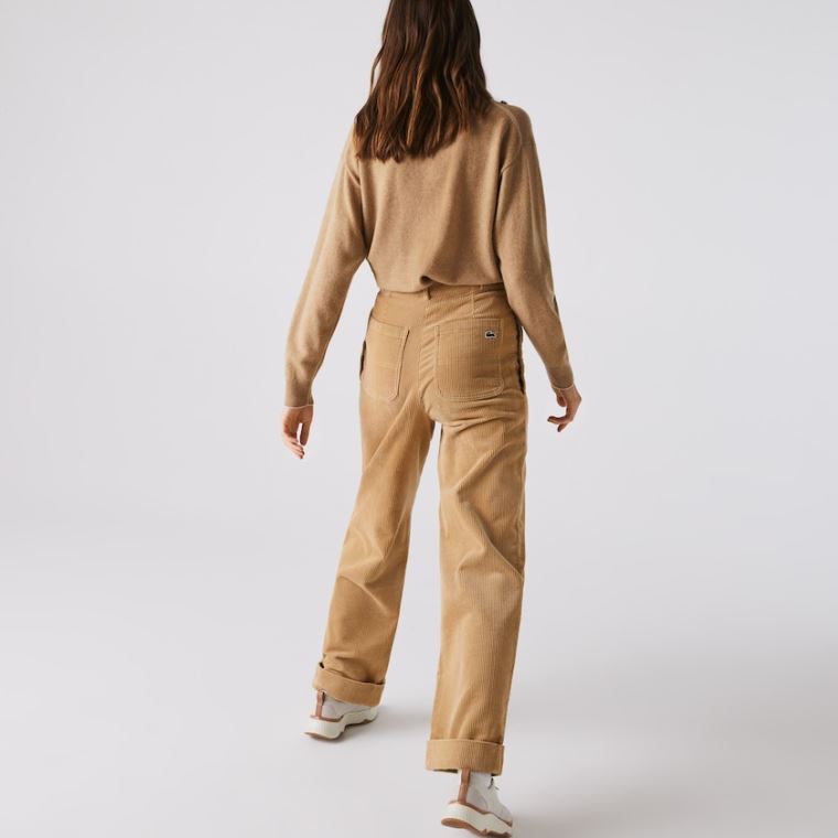 Lacoste LIVE High-Waisted Loose Ribbed Velvet Pants Bézs | ACwdntfa