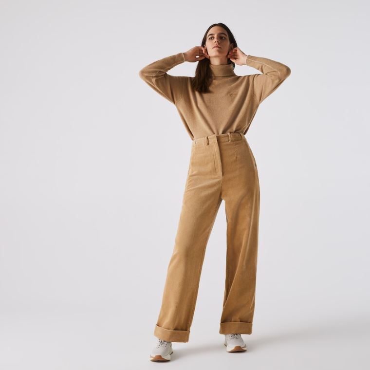 Lacoste LIVE High-Waisted Loose Ribbed Velvet Pants Bézs | ACwdntfa