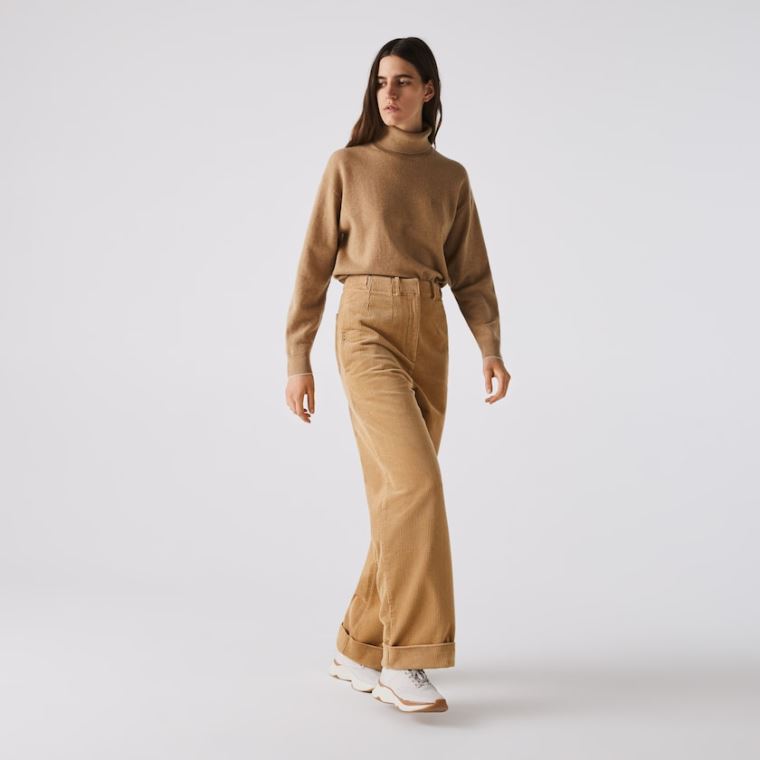 Lacoste LIVE High-Waisted Loose Ribbed Velvet Pants Bézs | ACwdntfa