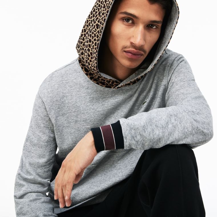 Lacoste LIVE Leopard Print Hood Fleece Sweatshirt Szürke Fehér | gUurGcaO