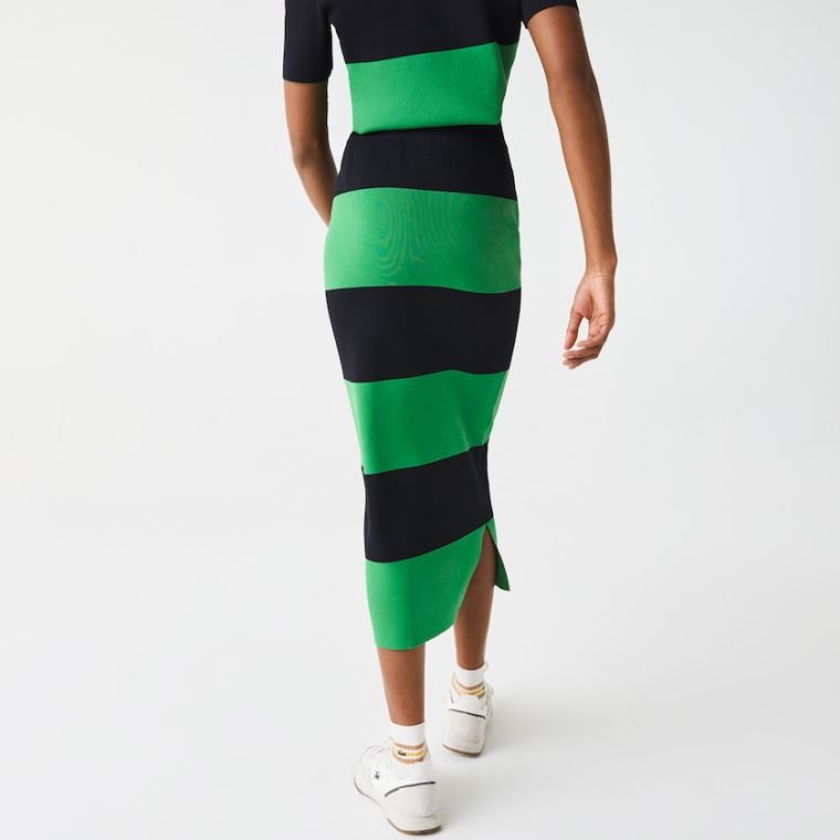 Lacoste LIVE Long Striped Knit Skirt Zöld Sötétkék Kék | OD9dRuTn