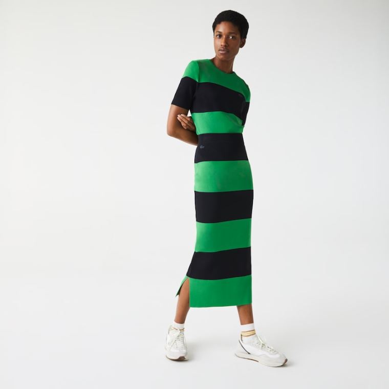 Lacoste LIVE Long Striped Knit Skirt Zöld Sötétkék Kék | OD9dRuTn