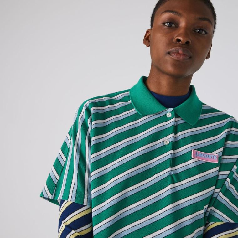 Lacoste LIVE Loose Fit Badge Striped Pamut Piqué Polo Shirt Zöld Fehér | 1sMH6PQ3