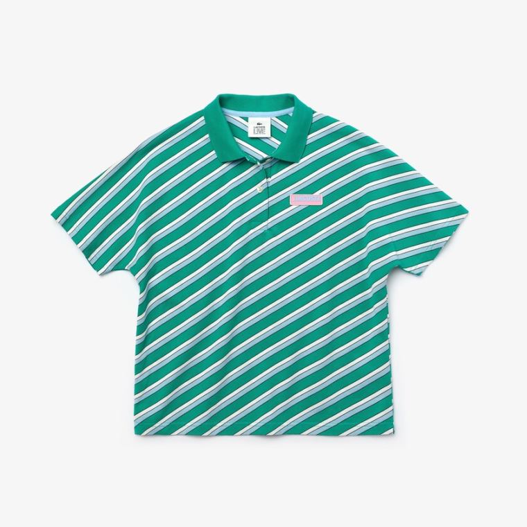 Lacoste LIVE Loose Fit Badge Striped Pamut Piqué Polo Shirt Zöld Fehér | 1sMH6PQ3