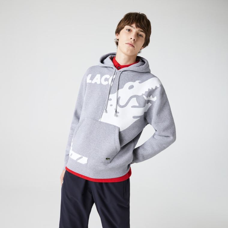 Lacoste LIVE Loose Fit Csuklyás Print Fleece Sweatshirt Szürke Fehér | 0XggQ2ww