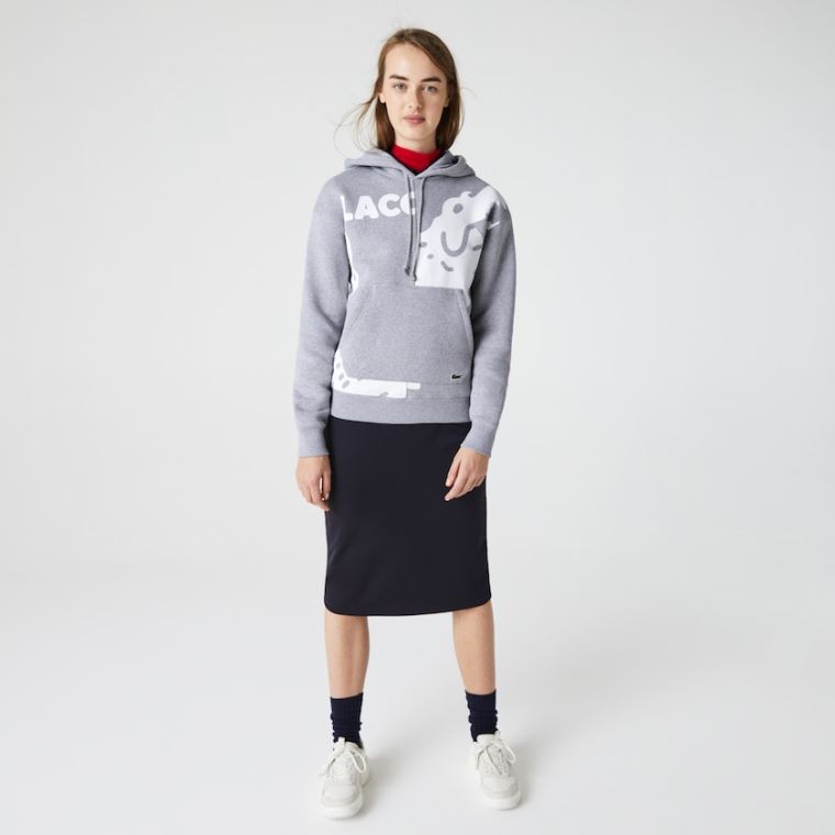 Lacoste LIVE Loose Fit Csuklyás Print Fleece Sweatshirt Szürke Fehér | 0XggQ2ww