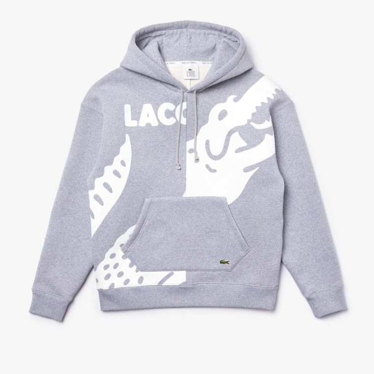 Lacoste LIVE Loose Fit Csuklyás Print Fleece Sweatshirt Szürke Fehér | 0XggQ2ww