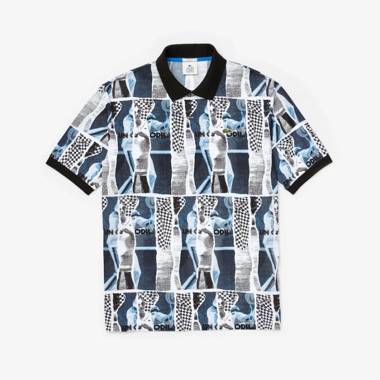 Lacoste LIVE Loose Fit Graphic Print Pamut Polo Shirt Fehér Kék Fehér | WQetDQoM