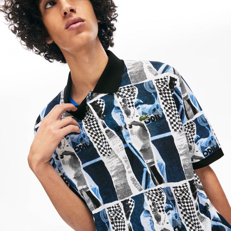 Lacoste LIVE Loose Fit Graphic Print Pamut Polo Shirt Fehér Kék Fehér | WQetDQoM