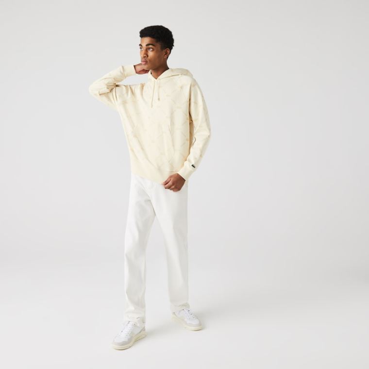 Lacoste LIVE Relaxed Fit Csuklyás Monogram Pamut Sweatshirt Bézs | UrhAXudF