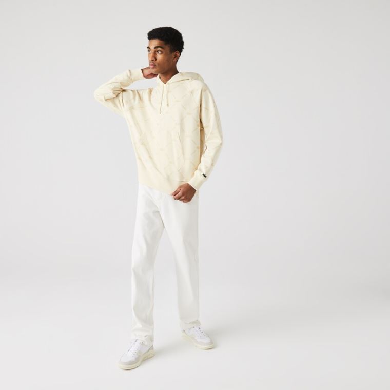 Lacoste LIVE Relaxed Fit Csuklyás Monogram Pamut Sweatshirt Bézs | yj71RLV9