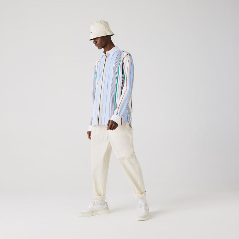 Lacoste LIVE Relaxed Fit Mismatched-Stripe Pamut Shirt Kék Fehér | GBtcwOrb