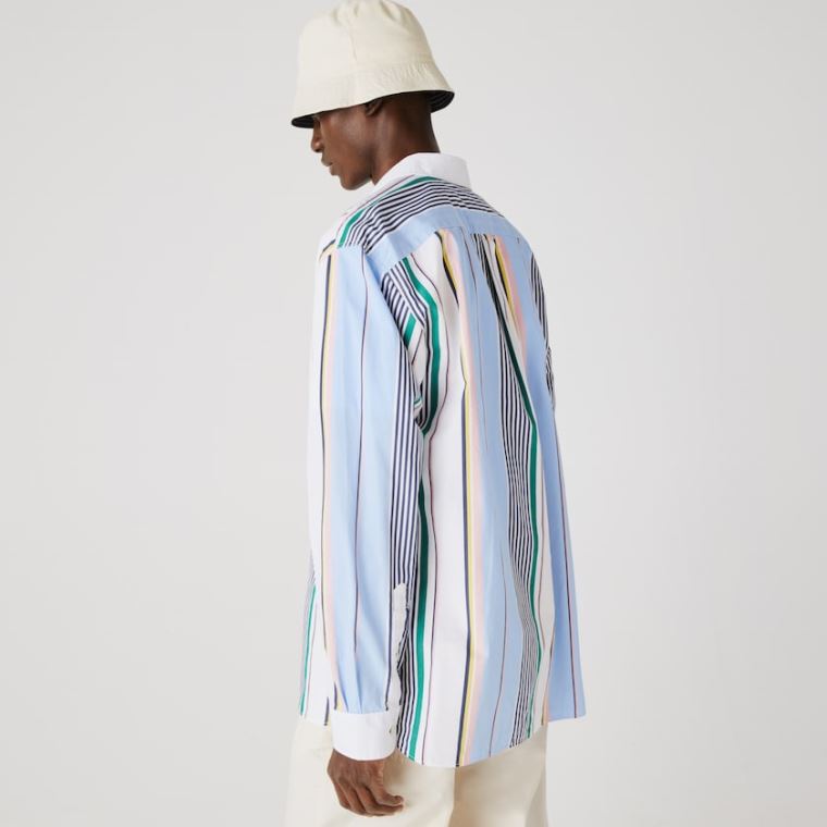 Lacoste LIVE Relaxed Fit Mismatched-Stripe Pamut Shirt Kék Fehér | GBtcwOrb