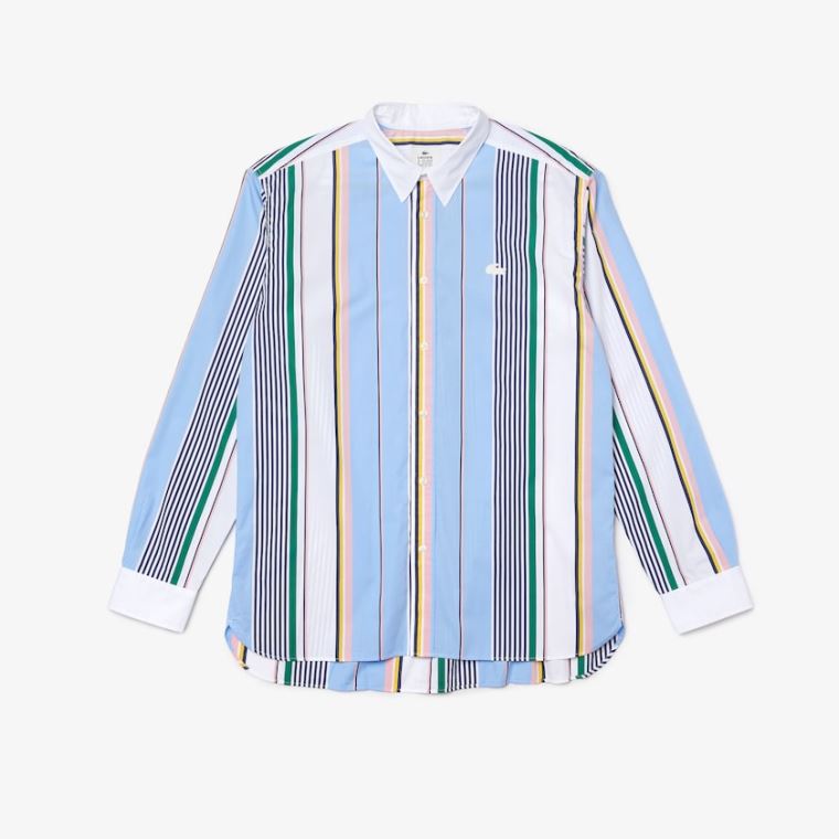 Lacoste LIVE Relaxed Fit Mismatched-Stripe Pamut Shirt Kék Fehér | GBtcwOrb