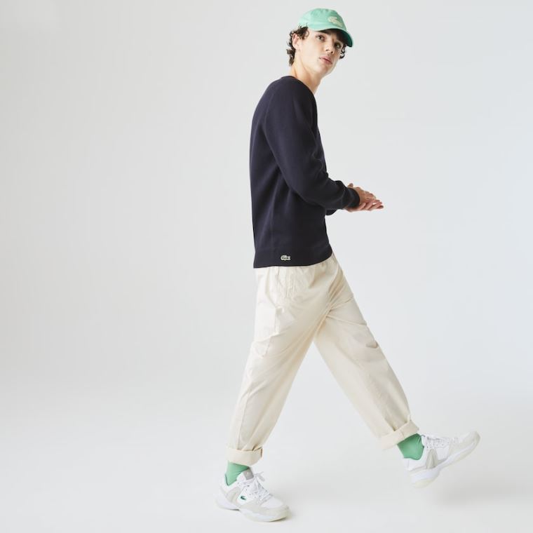 Lacoste LIVE Reversible Pamut Pulóver Sötétkék Kék Fehér | 8LyKFwUo