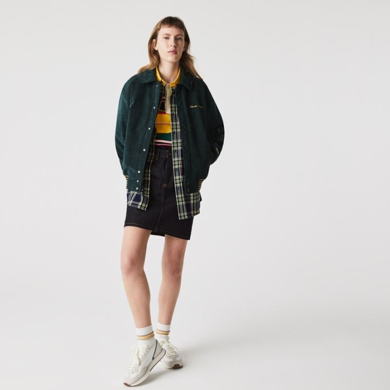 Lacoste LIVE Ribbed Velvet Bomber Jacket Sötétzöld | M0UvAyuN