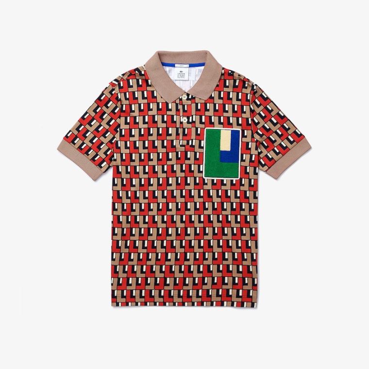 Lacoste LIVE Standard-Fit Printed Pamut Polo Bézs Piros | Czmotj0y