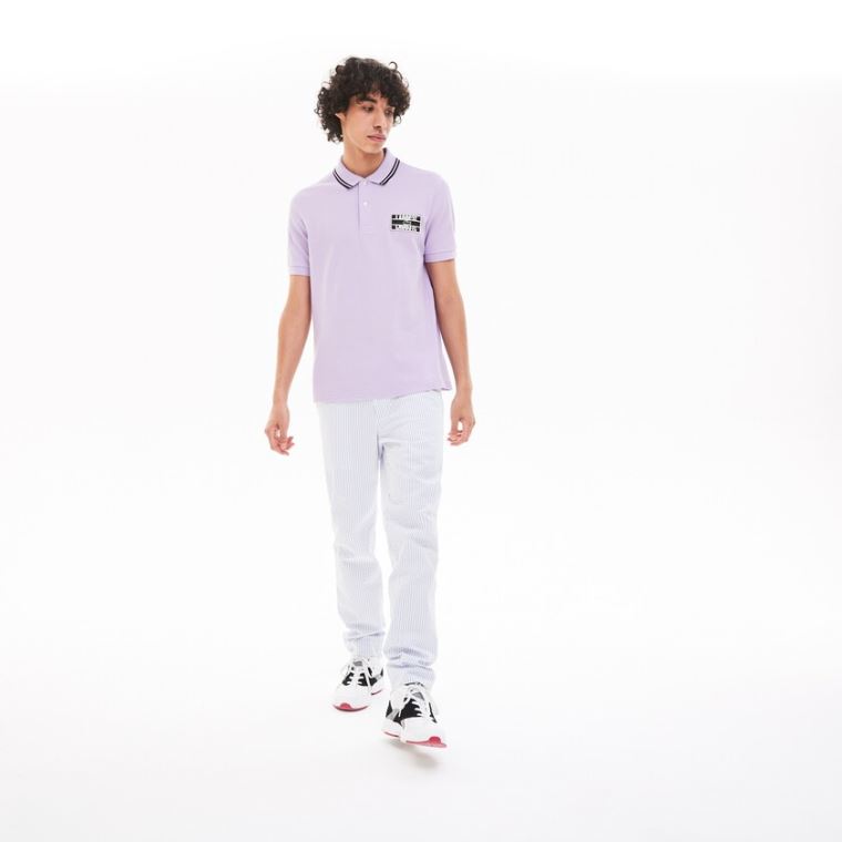 Lacoste LIVE Striped-Collar Pamut Piqué Polo Shirt Lila Fekete | Ou4Ex1SE