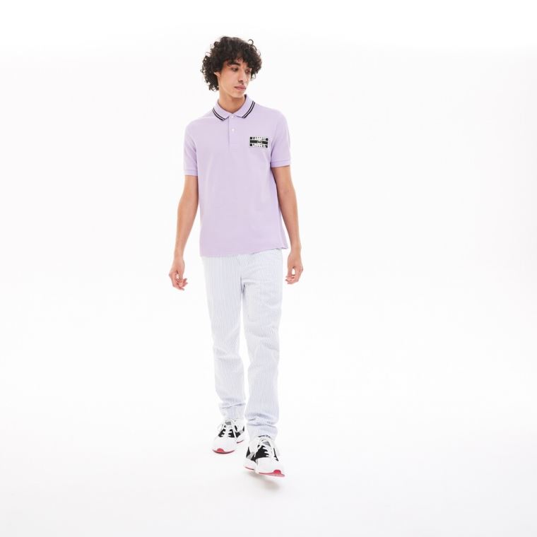 Lacoste LIVE Striped-Collar Pamut Piqué Polo Shirt Lila Fekete | puZUhS1O