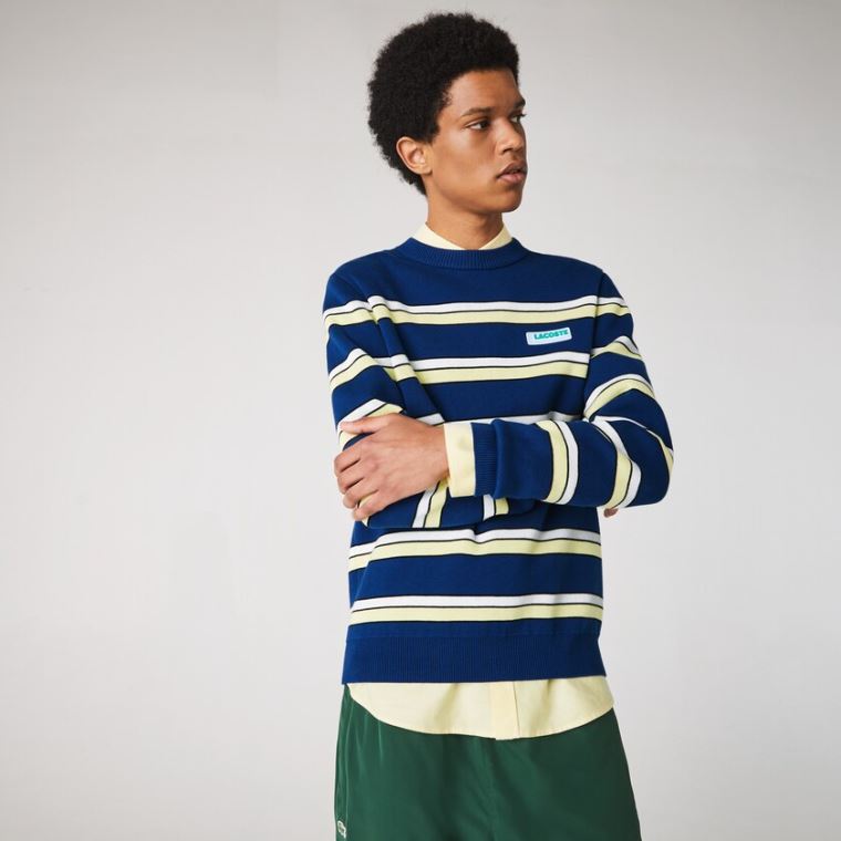 Lacoste LIVE Striped Pamut Crew Neck Pulóver Kék Fehér | FHLj7zS5