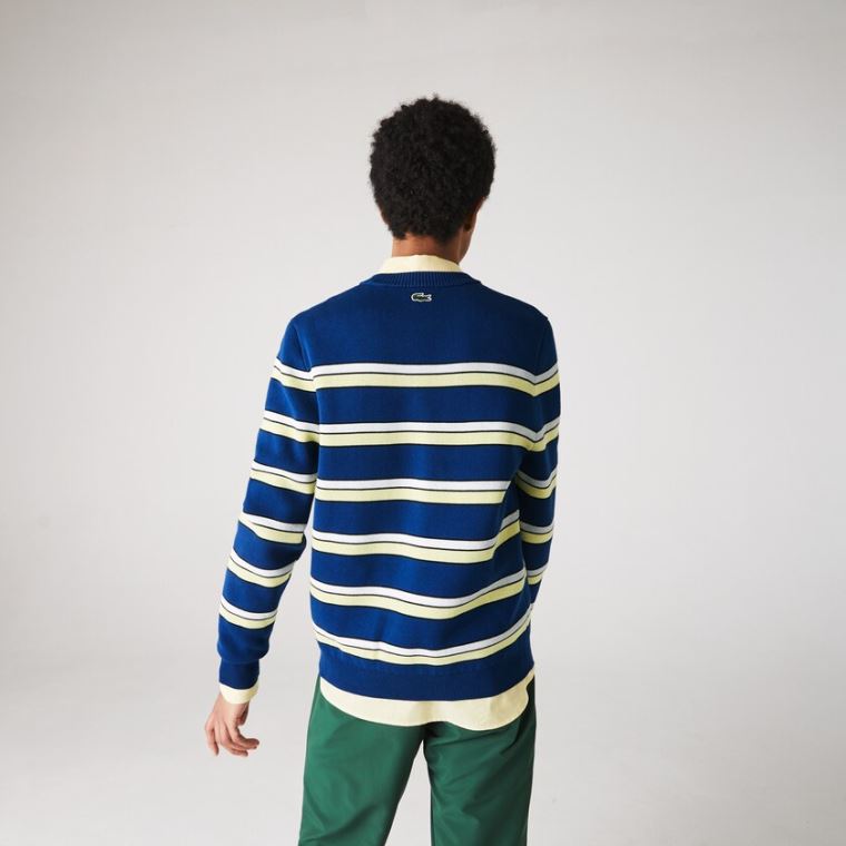 Lacoste LIVE Striped Pamut Crew Neck Pulóver Kék Fehér | FHLj7zS5