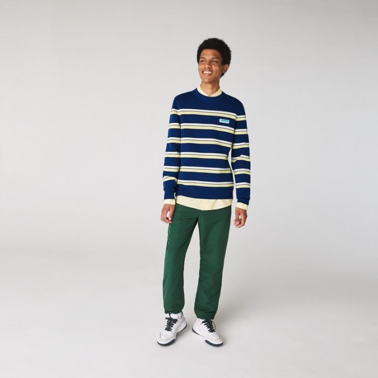 Lacoste LIVE Striped Pamut Crew Neck Pulóver Kék Fehér | FHLj7zS5