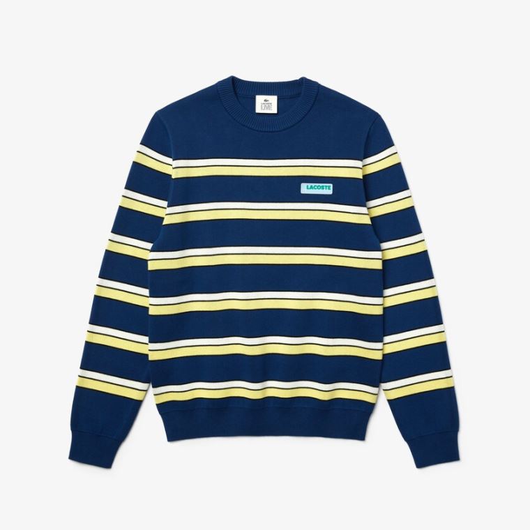 Lacoste LIVE Striped Pamut Crew Neck Pulóver Kék Fehér | FHLj7zS5