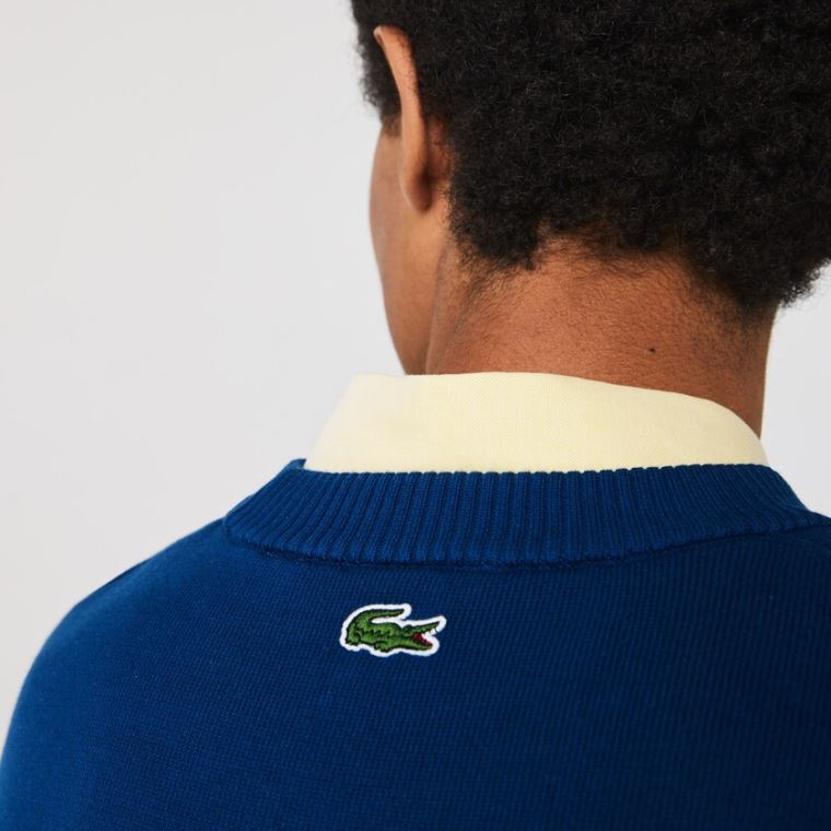 Lacoste LIVE Striped Pamut Crew Neck Pulóver Kék Fehér | FHLj7zS5