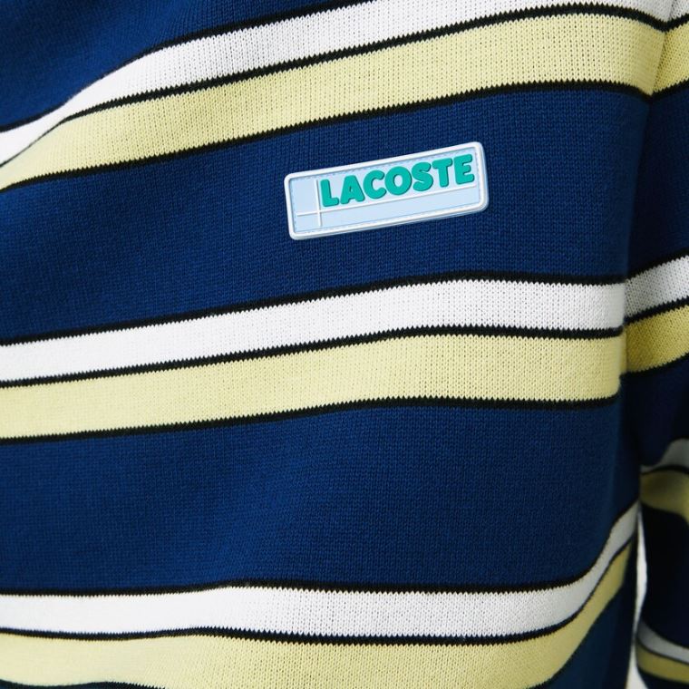 Lacoste LIVE Striped Pamut Crew Neck Pulóver Kék Fehér | FHLj7zS5