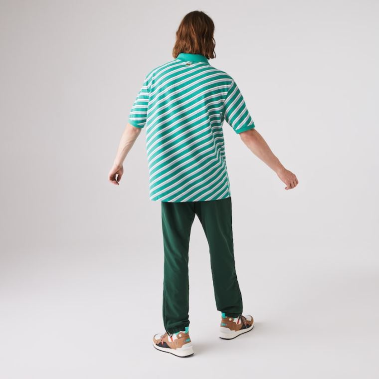 Lacoste LIVE Striped Pamut Piqué Polo Shirt Zöld Fehér | 6RJLmXj0