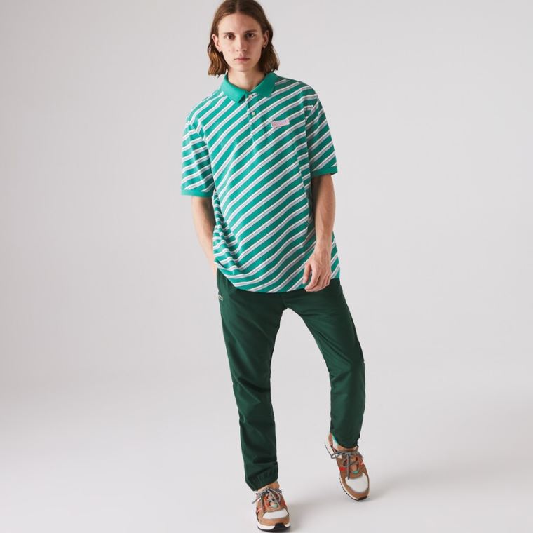 Lacoste LIVE Striped Pamut Piqué Polo Shirt Zöld Fehér | 6RJLmXj0